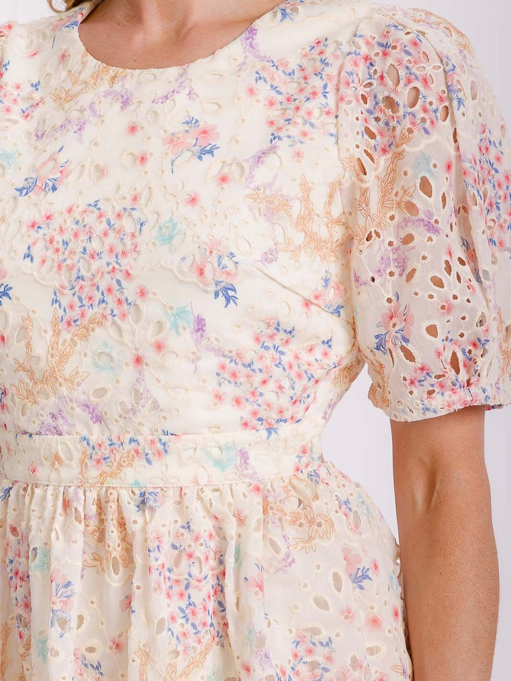 WOMEN'S SHORT PUFF SLEEVE CUT OUT BACK EYELET FLORAL MINI DRESS