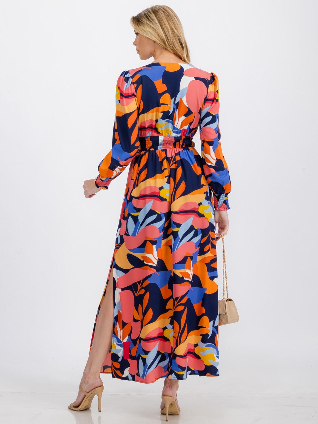 WOMEN'S LONG SLEEVE SURPLICE ELASTIC WAIST MULTI PRINT MAXI DRESS
