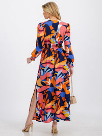 WOMEN'S LONG SLEEVE SURPLICE ELASTIC WAIST MULTI PRINT MAXI DRESS