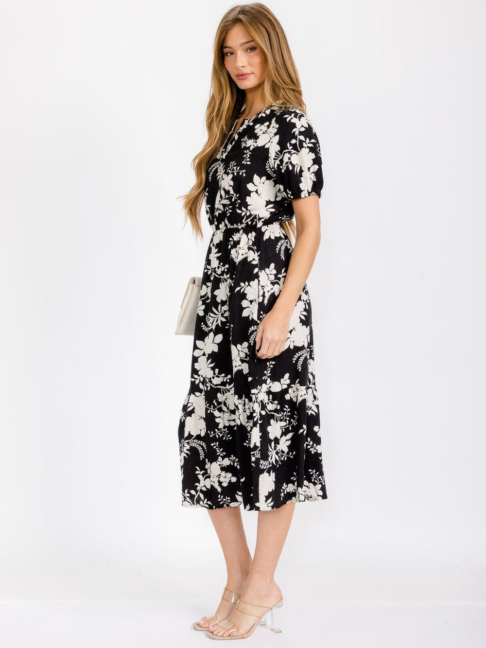 WOMEN'S SHORT SLEEVE V-NECK FRONT POCKETS FLORAL MIDI DRESS