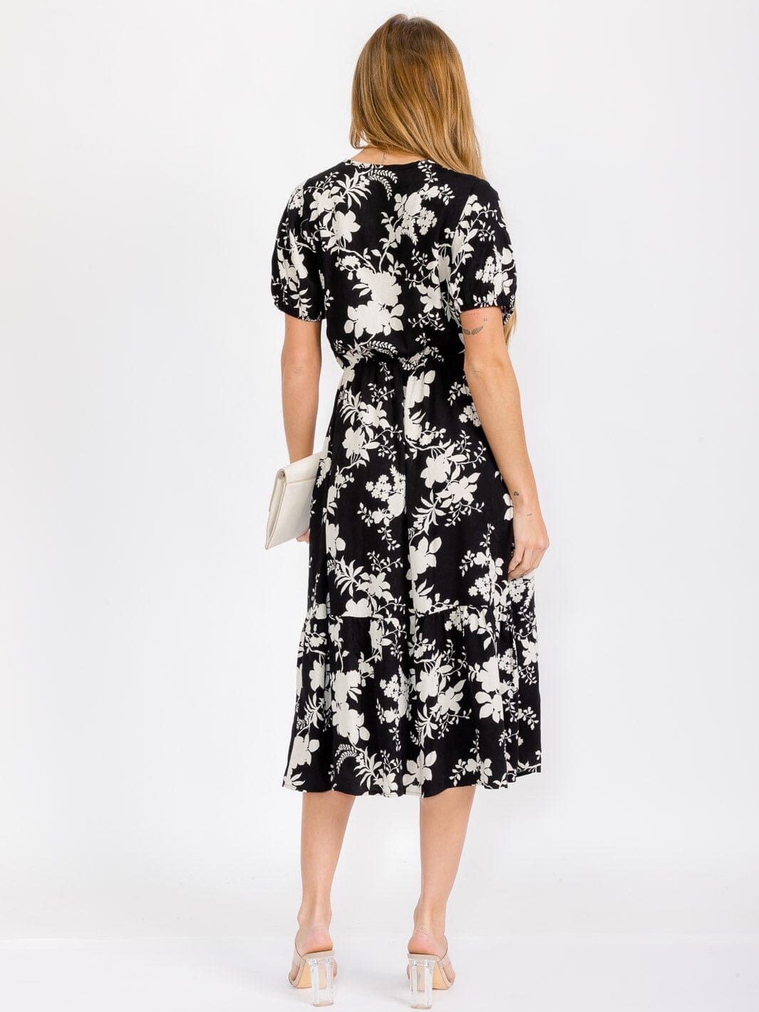 WOMEN'S SHORT SLEEVE V-NECK FRONT POCKETS FLORAL MIDI DRESS