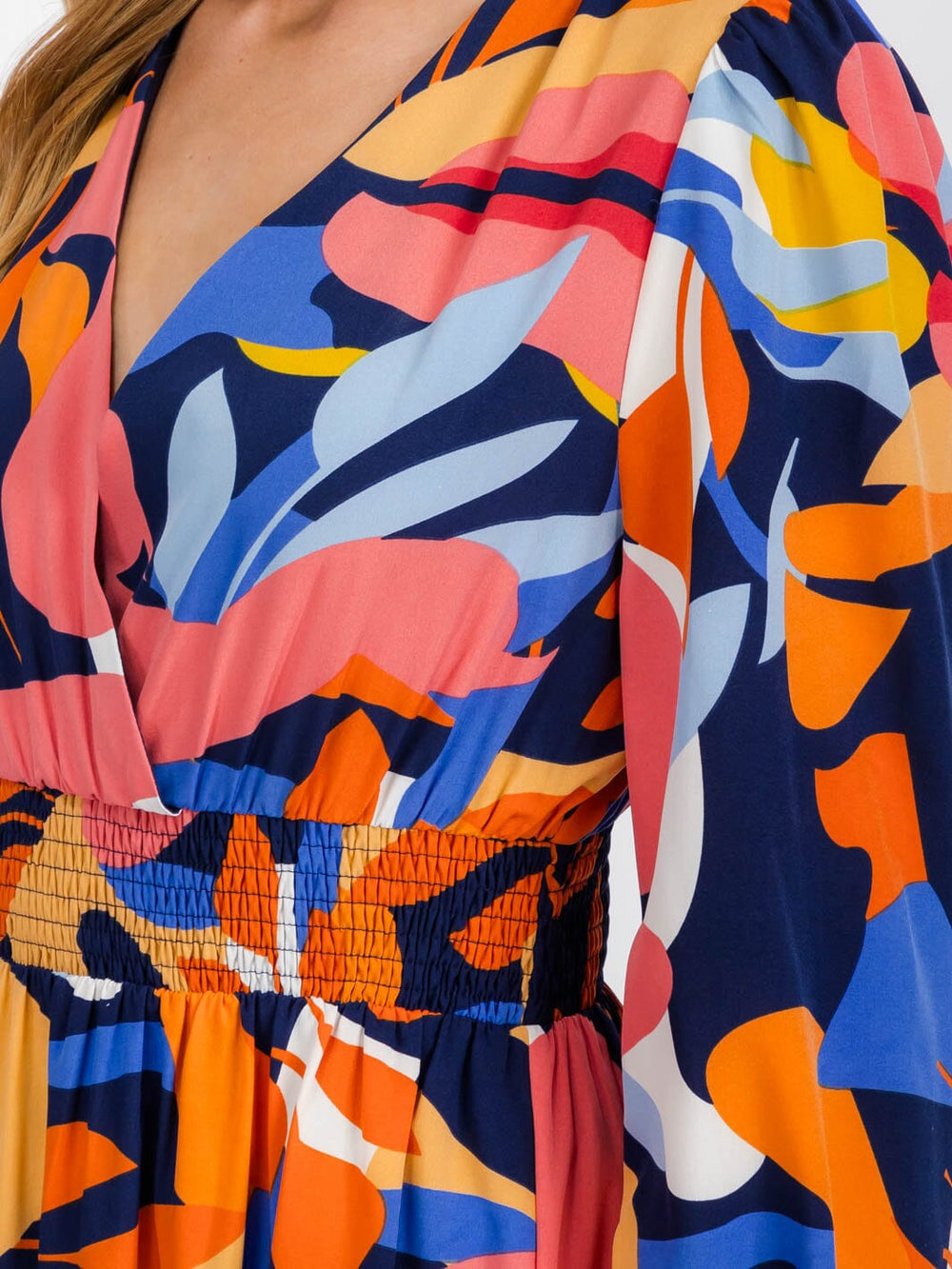 WOMEN'S LONG SLEEVE SURPLICE ELASTIC WAIST MULTI PRINT MAXI DRESS