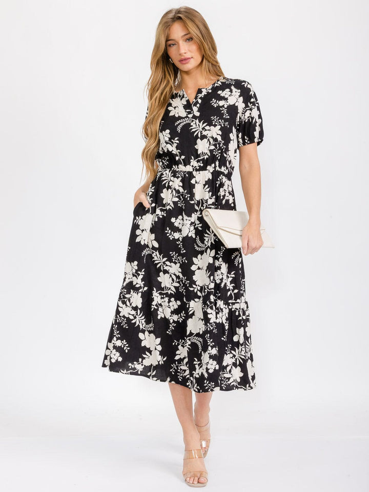 WOMEN'S SHORT SLEEVE V-NECK FRONT POCKETS FLORAL MIDI DRESS