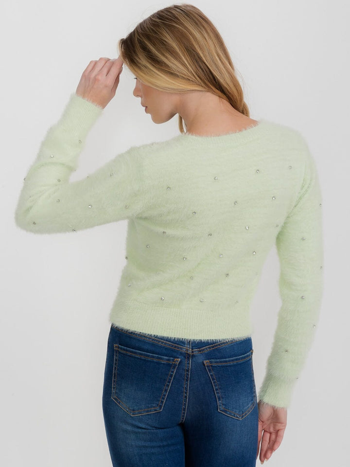 WOMEN'S LONG SLEEVE BUTTON UP FUZZY STUDS SWEATER