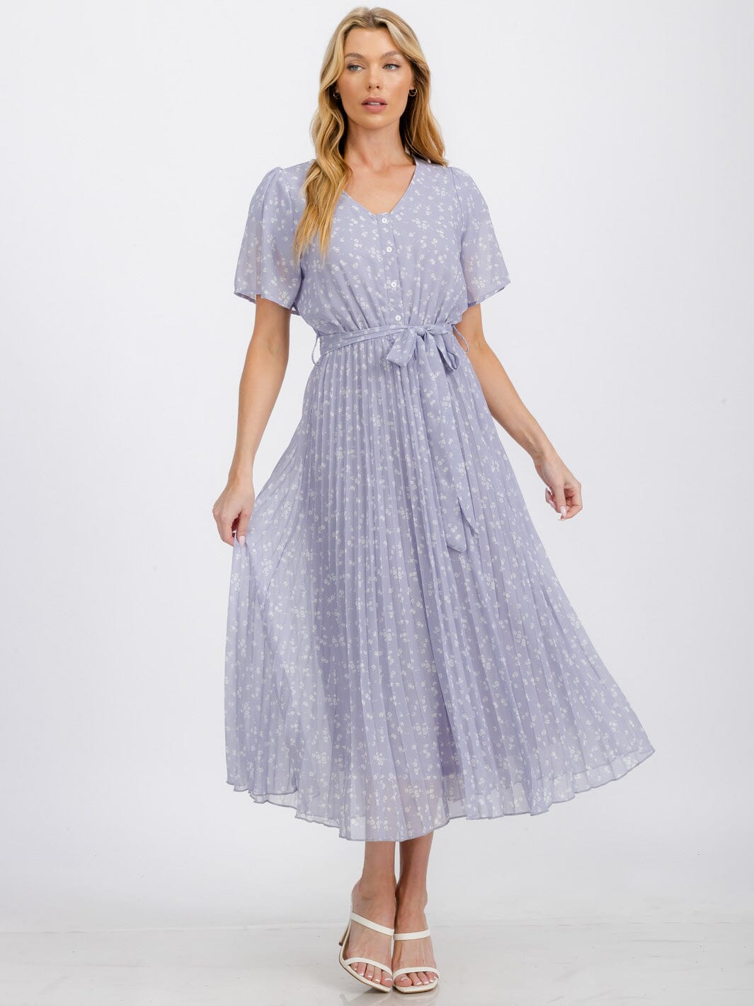 WOMEN'S SHORT SLEEVE BUTTON UP PLEATED FLOWER MAXI DRESS