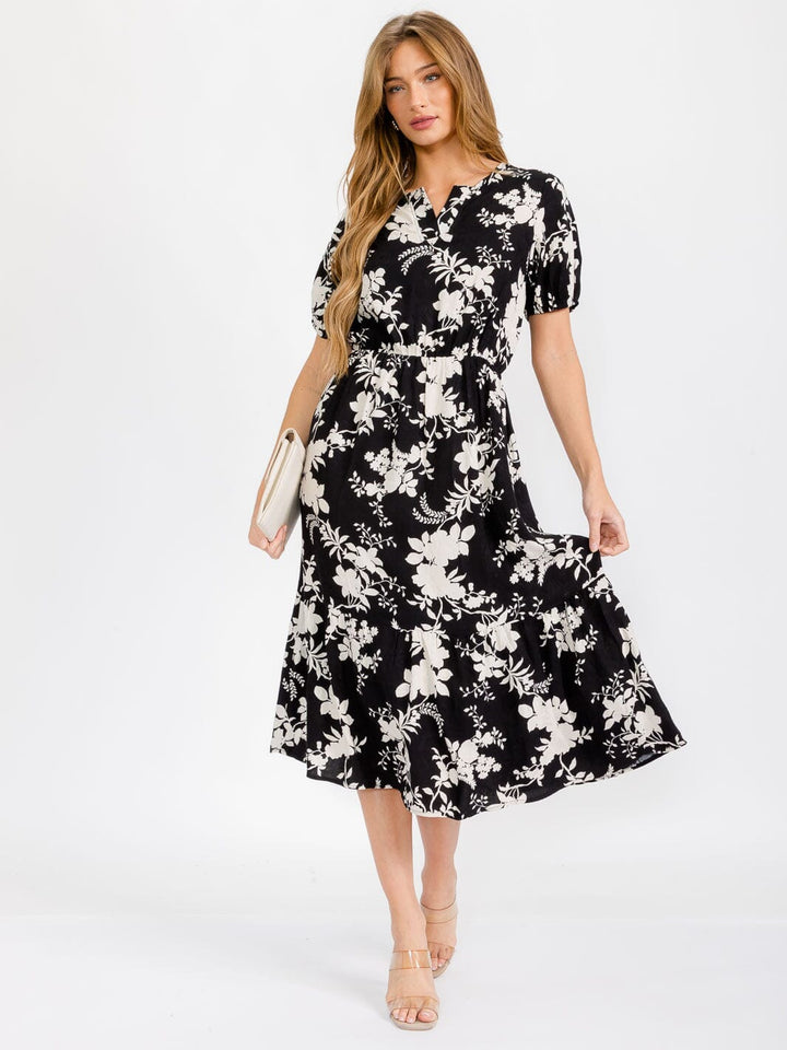 WOMEN'S SHORT SLEEVE V-NECK FRONT POCKETS FLORAL MIDI DRESS