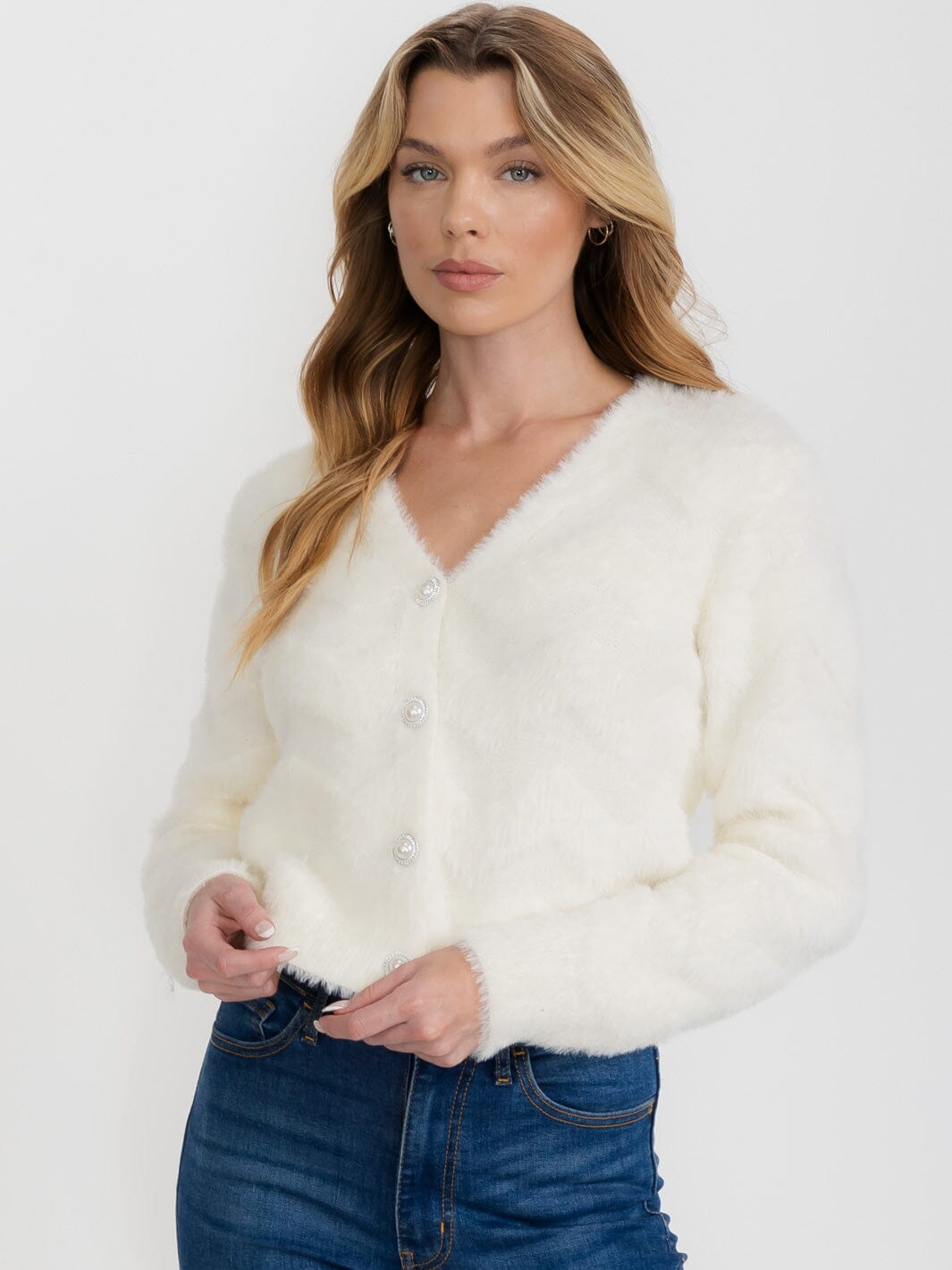 WOMEN'S LONG SLEEVE BUTTON CLOSURE FUZZY SWEATER