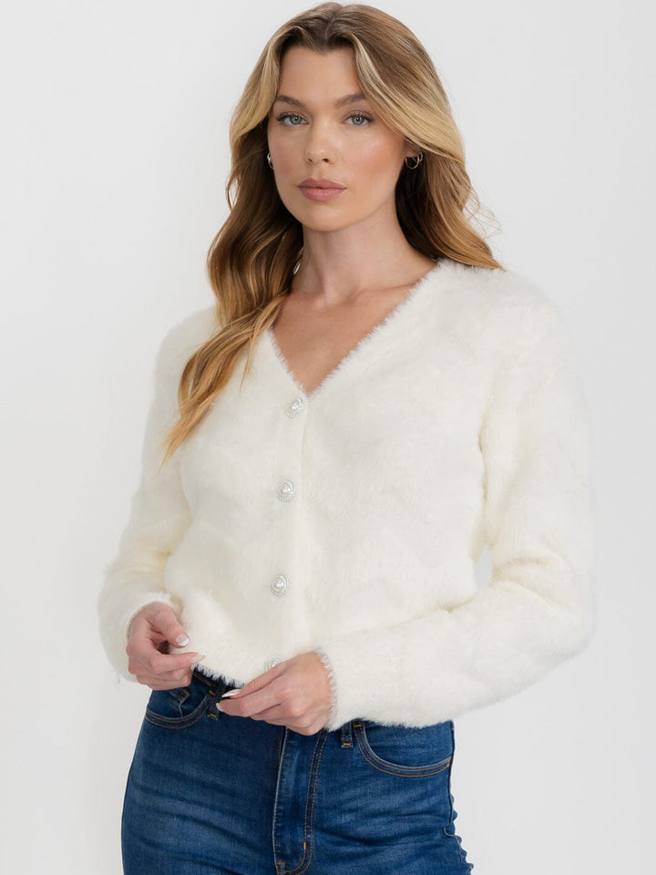 WOMEN'S LONG SLEEVE BUTTON CLOSURE FUZZY SWEATER