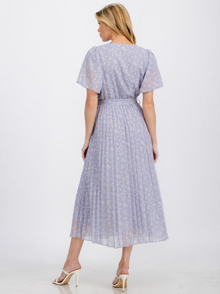 WOMEN'S SHORT SLEEVE BUTTON UP PLEATED FLOWER MAXI DRESS
