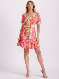 WOMEN'S SHORT PUFF SLEEVE BUTTON UP BELTED FLORAL MINI DRESS
