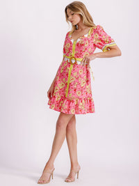 WOMEN'S SHORT PUFF SLEEVE BUTTON UP BELTED FLORAL MINI DRESS