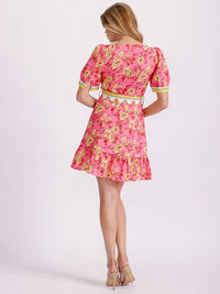 WOMEN'S SHORT PUFF SLEEVE BUTTON UP BELTED FLORAL MINI DRESS