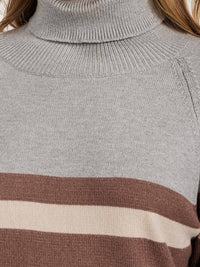 WOMEN'S LONG SLEEVE TURTLE NECK COLORBLOCK STRIPES PULLOVER SWEATER