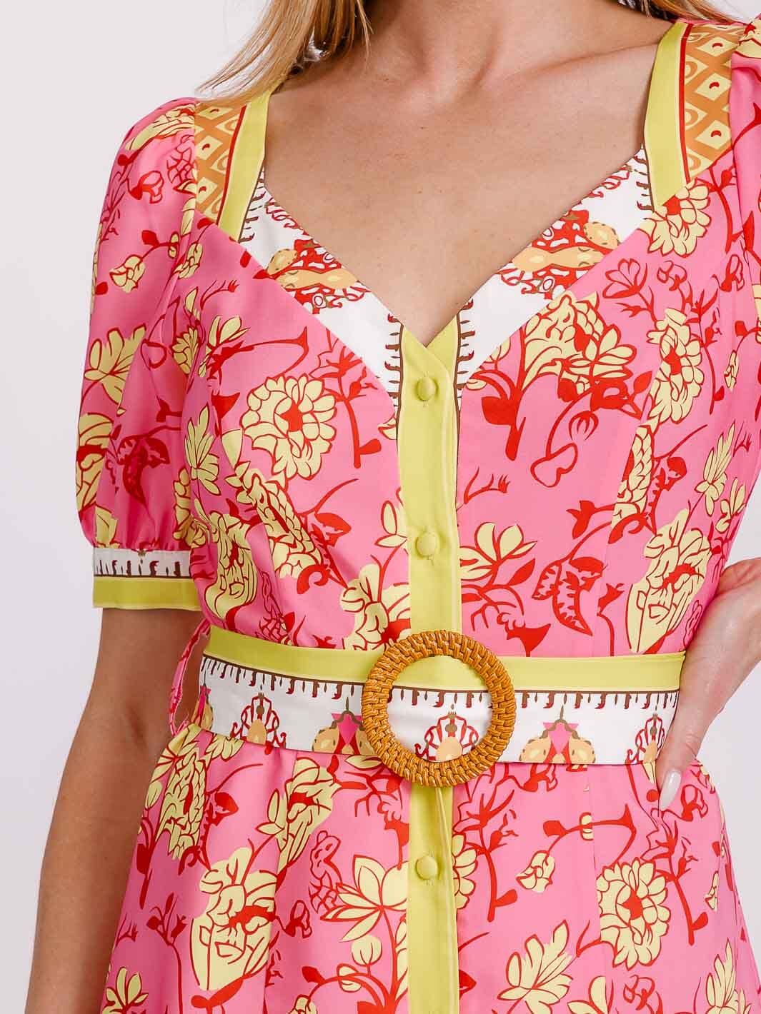 WOMEN'S SHORT PUFF SLEEVE BUTTON UP BELTED FLORAL MINI DRESS