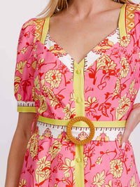 WOMEN'S SHORT PUFF SLEEVE BUTTON UP BELTED FLORAL MINI DRESS