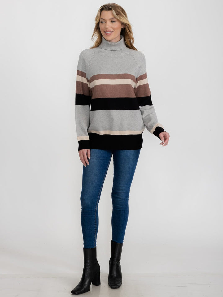 WOMEN'S LONG SLEEVE TURTLE NECK COLORBLOCK STRIPES PULLOVER SWEATER