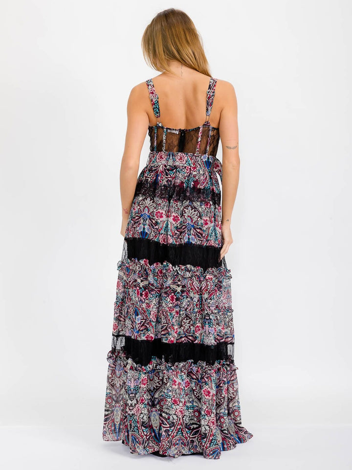 WOMEN'S SLEEVELESS V-NECK BELTED TIERED MESH FLORAL MAXI DRESS