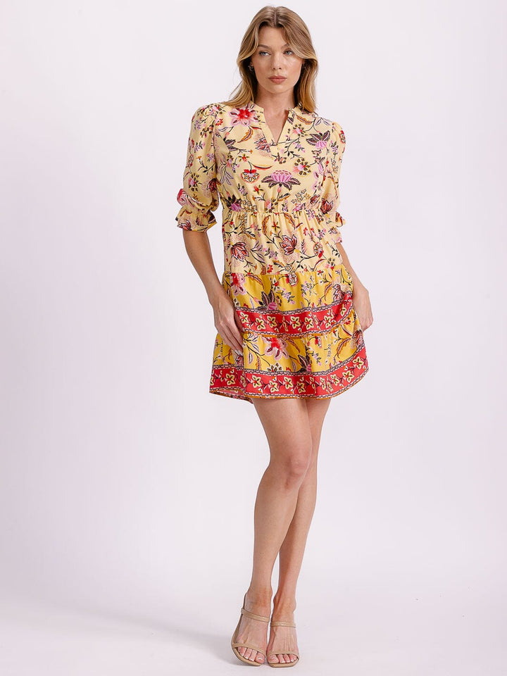WOMEN'S SHORT PUFF SLEEVE V-NECK ELASTIC WAIST FIT & FLARE FLORAL MINI DRESS