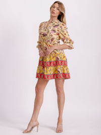 WOMEN'S SHORT PUFF SLEEVE V-NECK ELASTIC WAIST FIT & FLARE FLORAL MINI DRESS