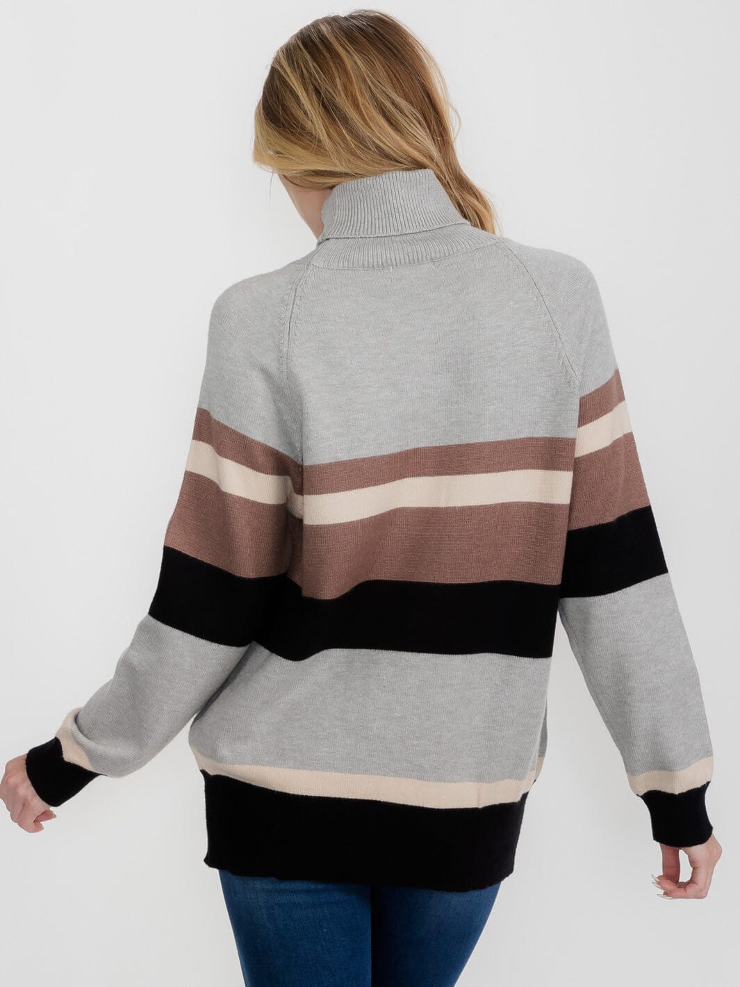 WOMEN'S LONG SLEEVE TURTLE NECK COLORBLOCK STRIPES PULLOVER SWEATER