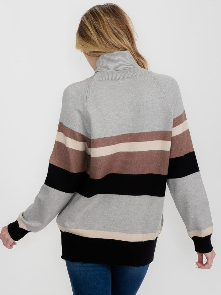 WOMEN'S LONG SLEEVE TURTLE NECK COLORBLOCK STRIPES PULLOVER SWEATER