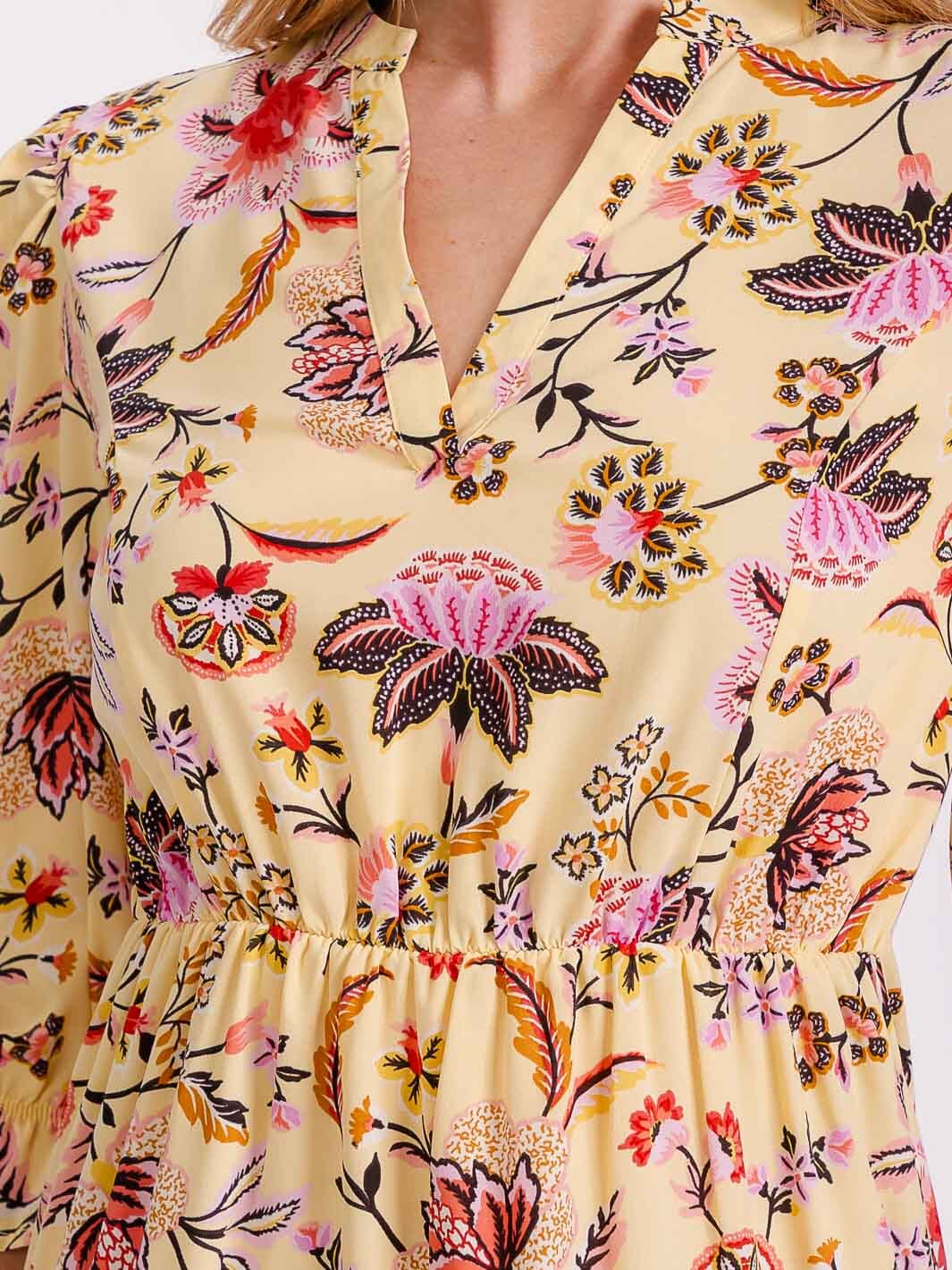 WOMEN'S SHORT PUFF SLEEVE V-NECK ELASTIC WAIST FIT & FLARE FLORAL MINI DRESS