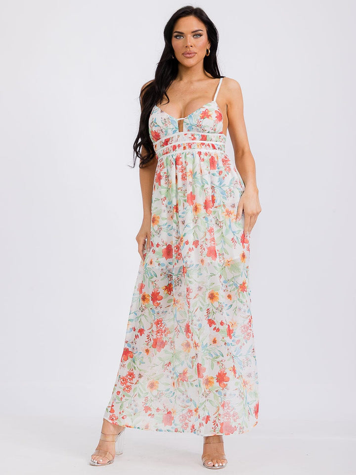 WOMEN'S SLEEVELESS V-NECK OPEN BACK FLORAL MAXI DRESS