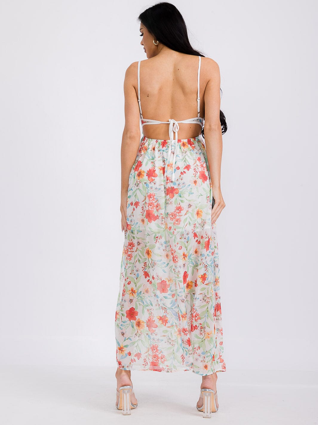 WOMEN'S SLEEVELESS V-NECK OPEN BACK FLORAL MAXI DRESS