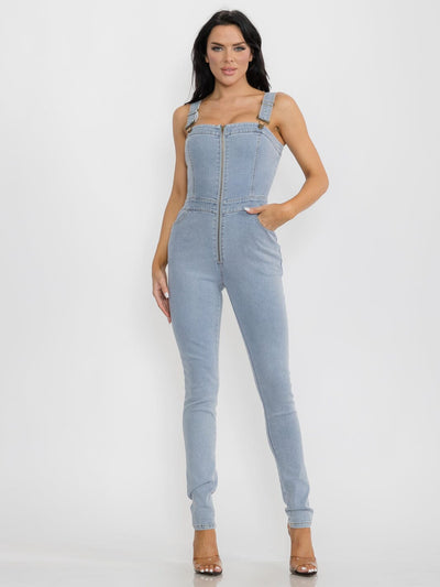 WOMEN'S SLEEVELESS POCKETS ZIP UP STRETCH DENIM JUMPSUIT