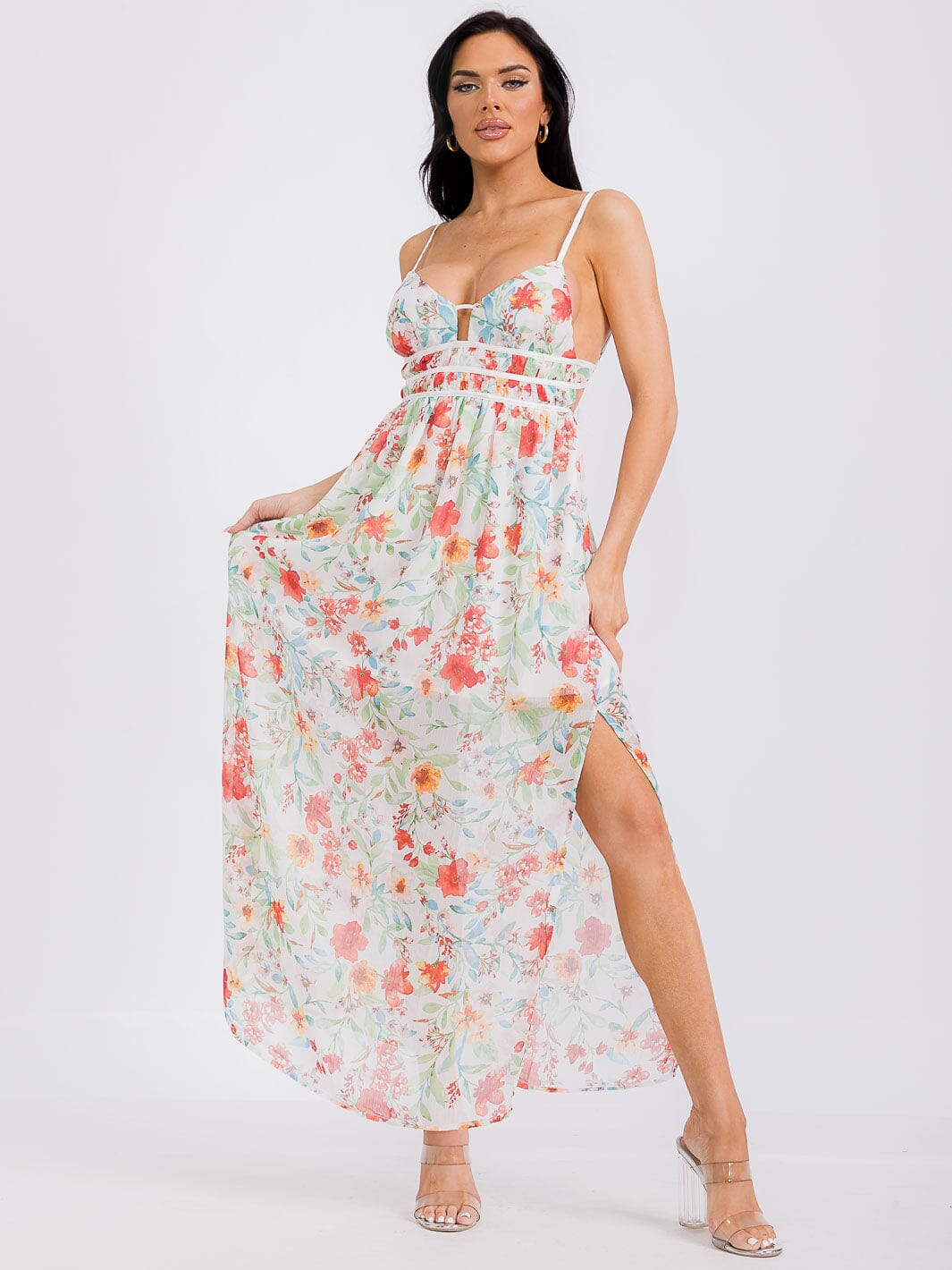 WOMEN'S SLEEVELESS V-NECK OPEN BACK FLORAL MAXI DRESS