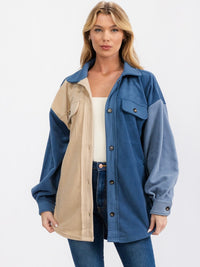 WOMEN'S LONG SLEEVE FRONT POCKETS BUTTON UP OVERSIZED COLOBLOCK SHACKET