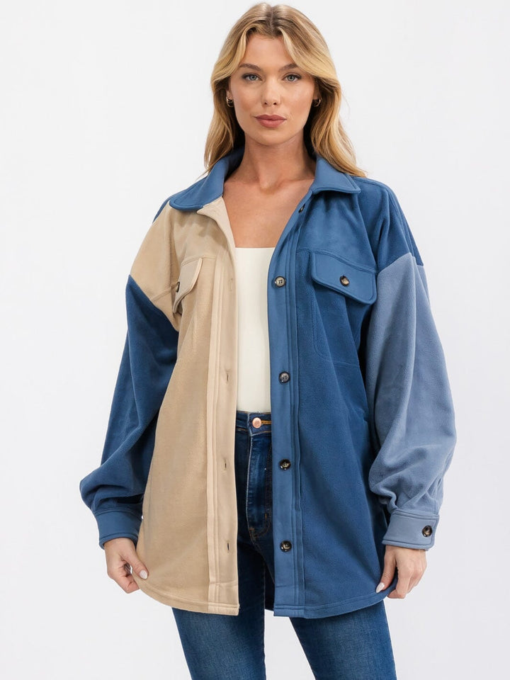 WOMEN'S LONG SLEEVE FRONT POCKETS BUTTON UP OVERSIZED COLOBLOCK SHACKET