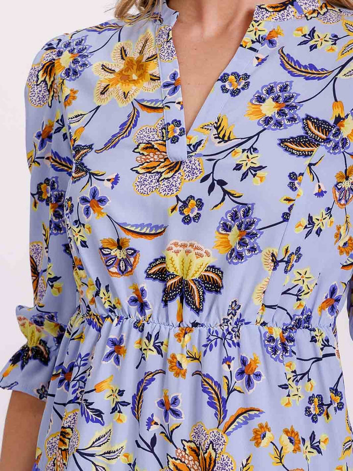 WOMEN'S SHORT PUFF SLEEVE V-NECK ELASTIC WAIST FIT & FLARE FLORAL MINI DRESS