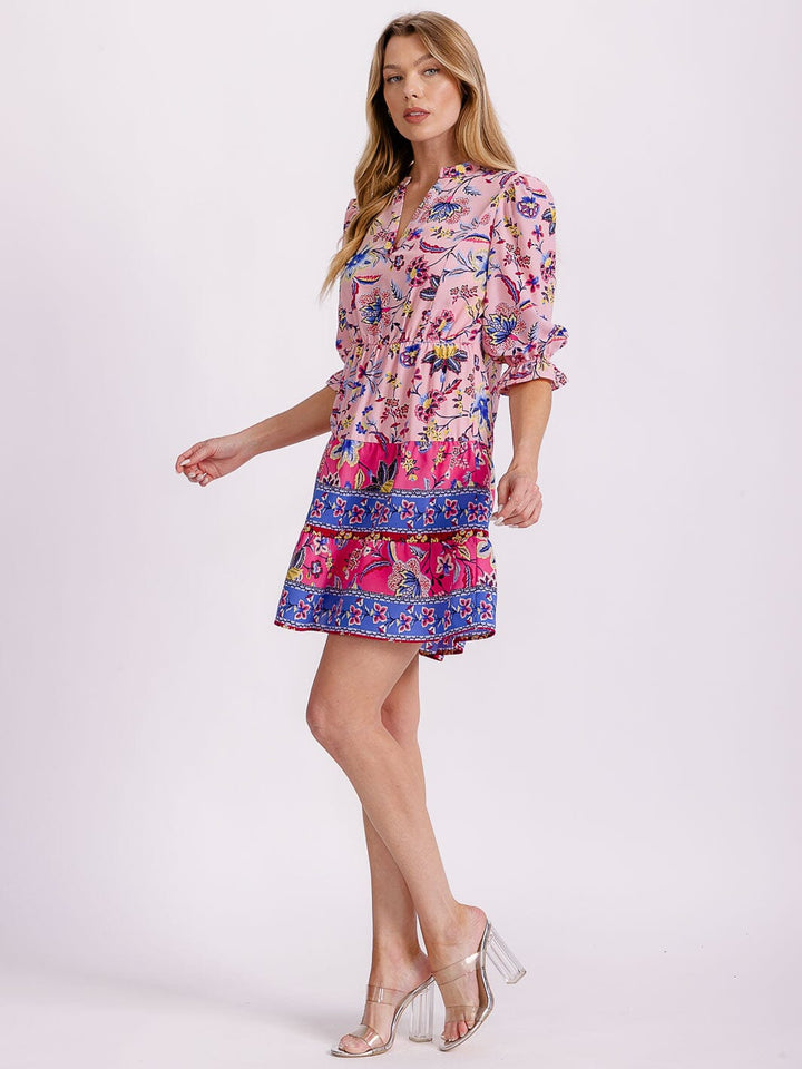 WOMEN'S SHORT PUFF SLEEVE V-NECK ELASTIC WAIST FIT & FLARE FLORAL MINI DRESS