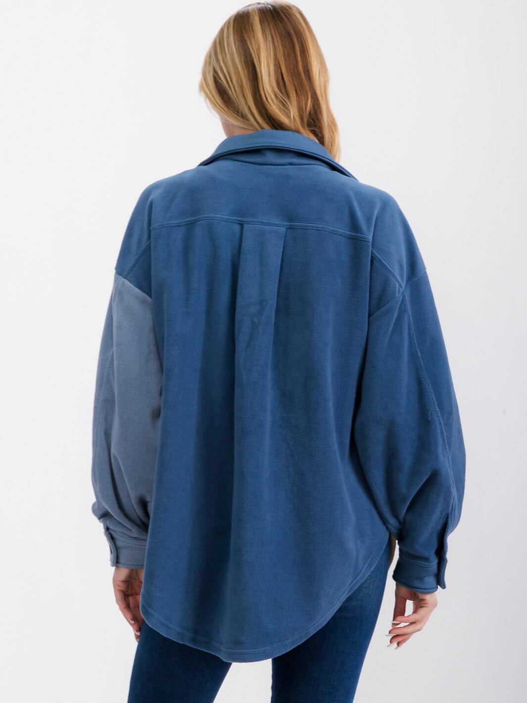WOMEN'S LONG SLEEVE FRONT POCKETS BUTTON UP OVERSIZED COLOBLOCK SHACKET