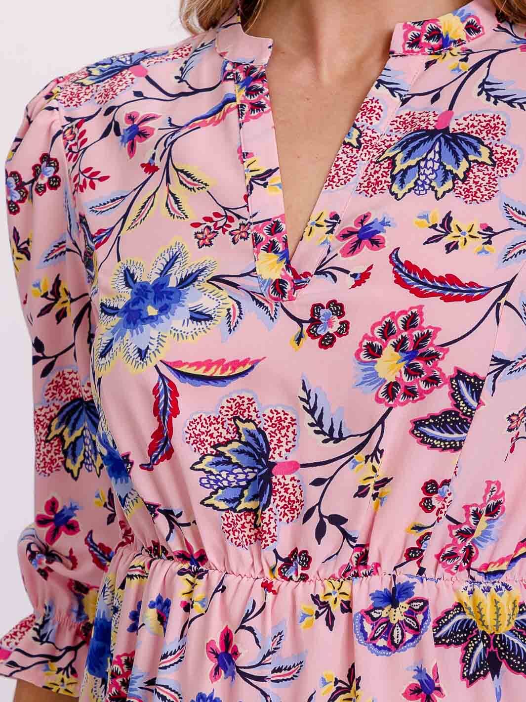 WOMEN'S SHORT PUFF SLEEVE V-NECK ELASTIC WAIST FIT & FLARE FLORAL MINI DRESS