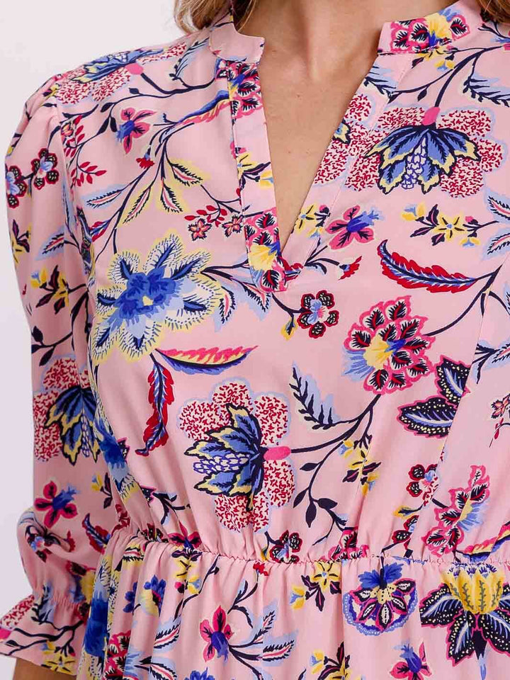 WOMEN'S SHORT PUFF SLEEVE V-NECK ELASTIC WAIST FIT & FLARE FLORAL MINI DRESS