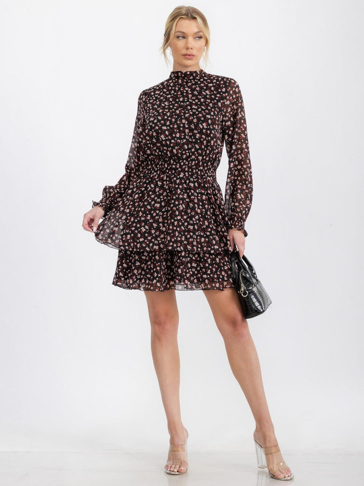 WOMEN'S LONG SLEEVE MOCK NECK SMOCK WAIST TIERED FLORAL MINI DRESS
