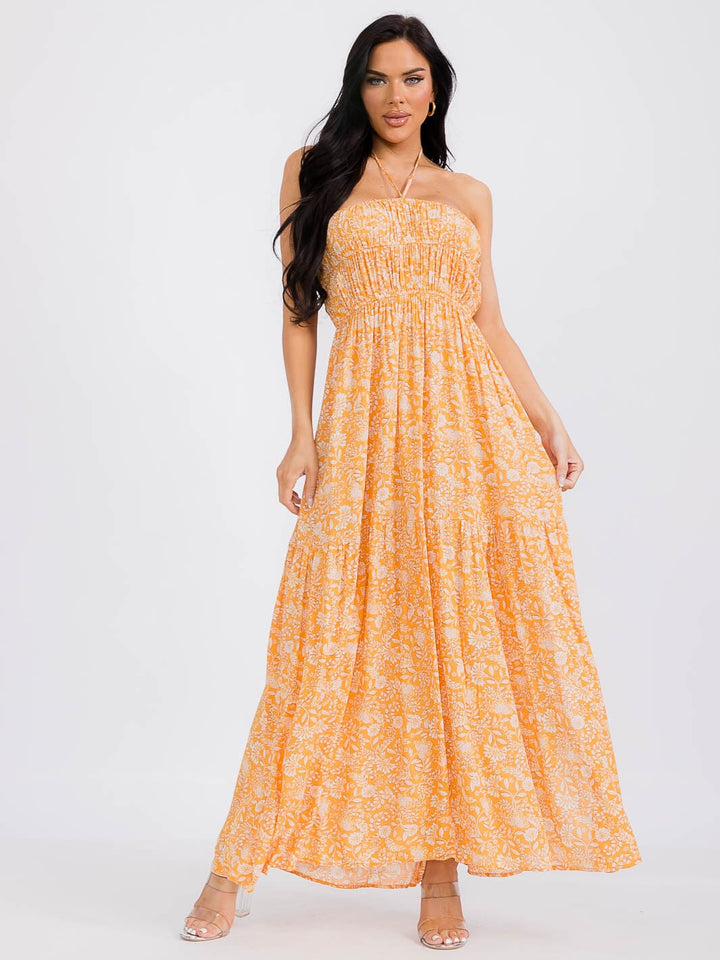 WOMEN'S SLEEVELESS ELASTIC WAIST FLORAL MAXI DRESS