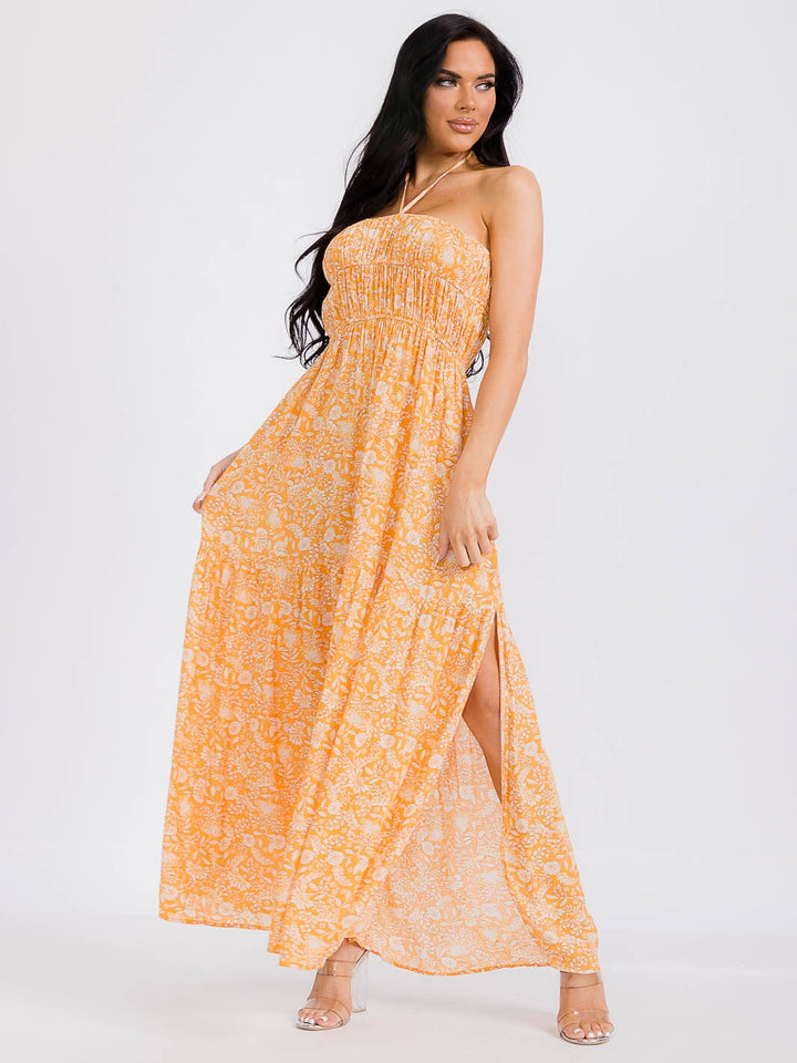 WOMEN'S SLEEVELESS ELASTIC WAIST FLORAL MAXI DRESS