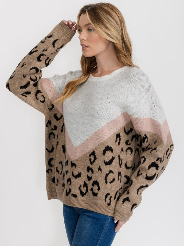 WOMEN'S LONG SLEEVE COLORBLOCK ANIMAL PRINT PULLOVER SWEATER