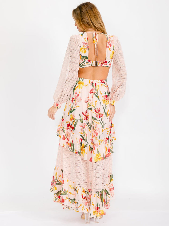 WOMEN'S LONG SLEEVE V-NECK OPEN BACK CUT OUT FLORAL MAXI DRESS