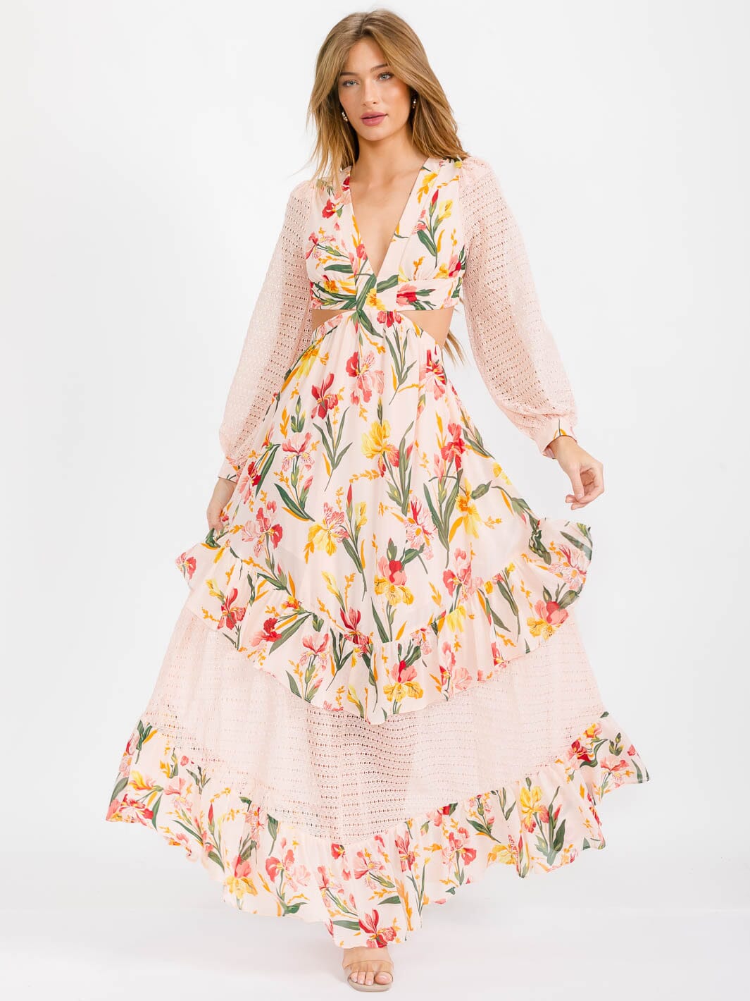 WOMEN'S LONG SLEEVE V-NECK OPEN BACK CUT OUT FLORAL MAXI DRESS