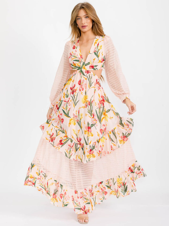 WOMEN'S LONG SLEEVE V-NECK OPEN BACK CUT OUT FLORAL MAXI DRESS