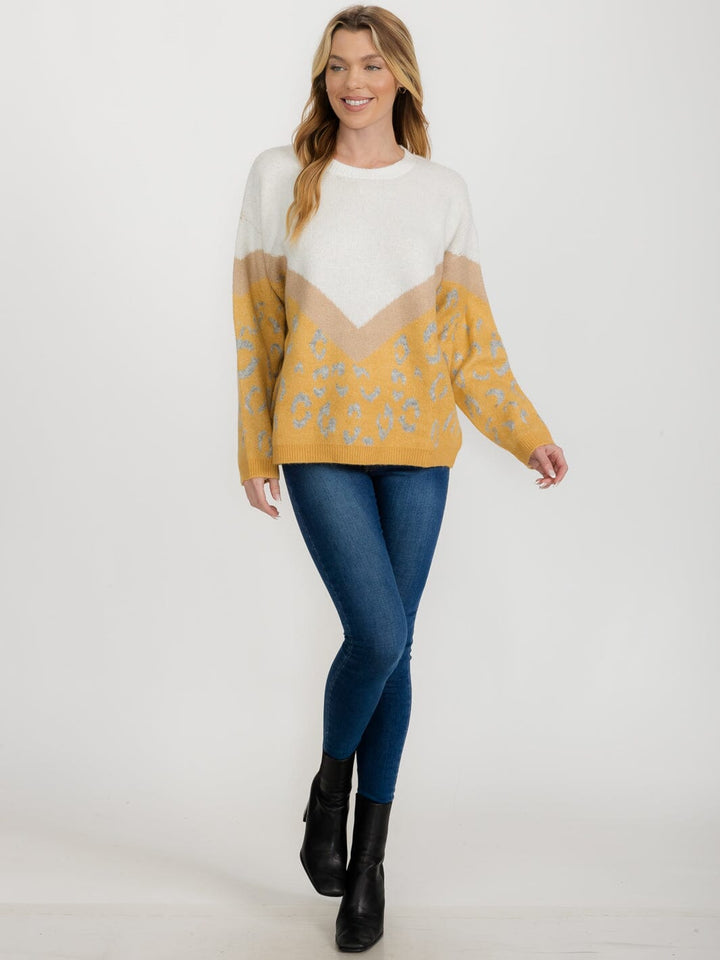 WOMEN'S LONG SLEEVE COLORBLOCK ANIMAL PRINT PULLOVER SWEATER