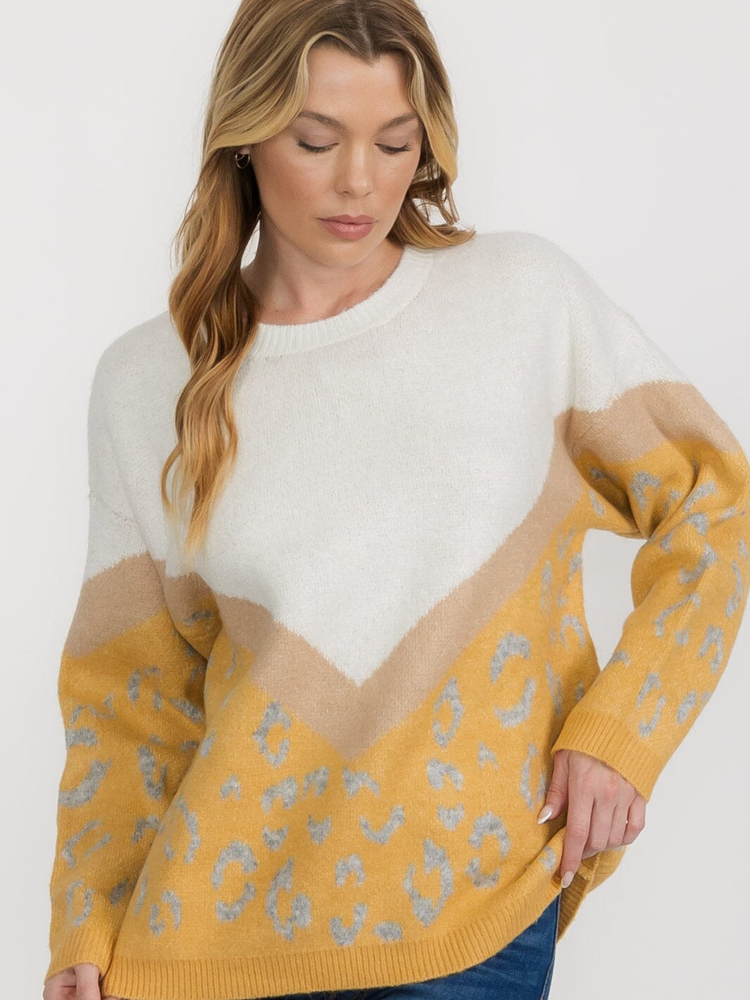 WOMEN'S LONG SLEEVE COLORBLOCK ANIMAL PRINT PULLOVER SWEATER