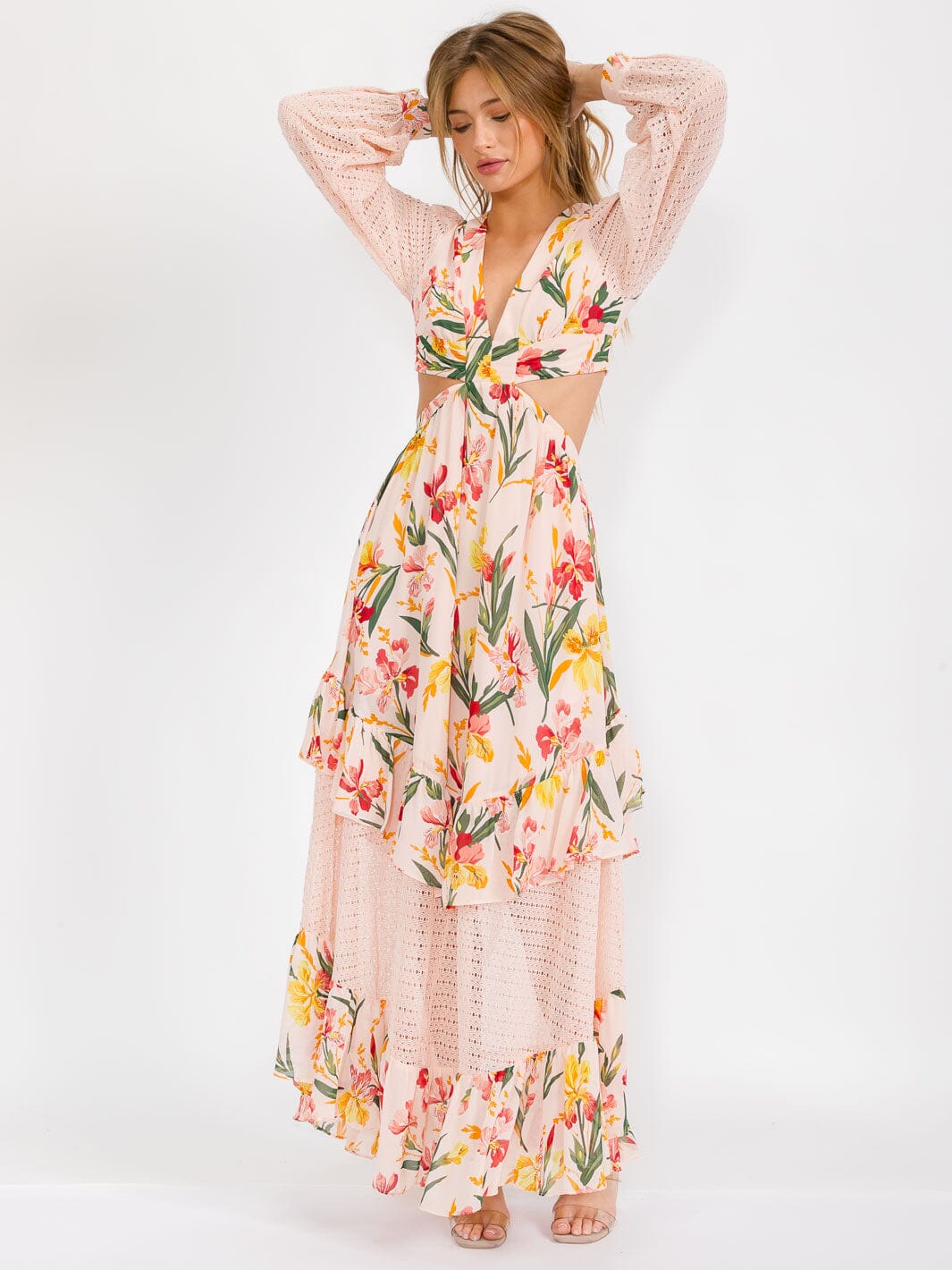 WOMEN'S LONG SLEEVE V-NECK OPEN BACK CUT OUT FLORAL MAXI DRESS