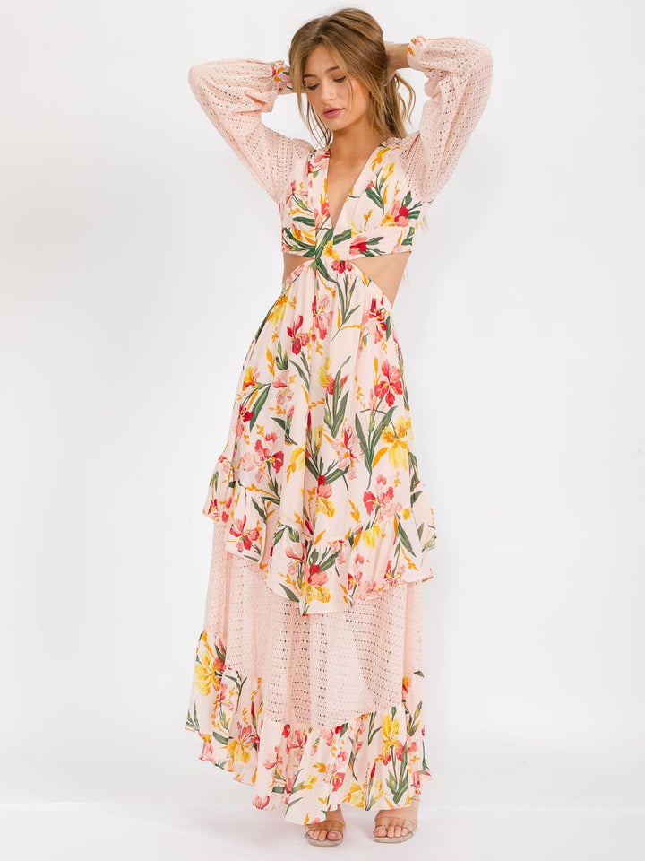 WOMEN'S LONG SLEEVE V-NECK OPEN BACK CUT OUT FLORAL MAXI DRESS