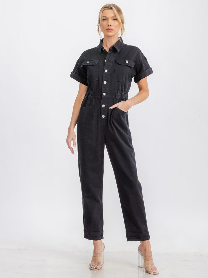 WOMEN'S SHORT SLEEVE BUTTON UP POCKETS WIDE LEG DENIM JUMPSUIT