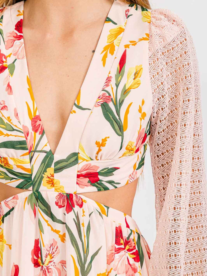 WOMEN'S LONG SLEEVE V-NECK OPEN BACK CUT OUT FLORAL MAXI DRESS